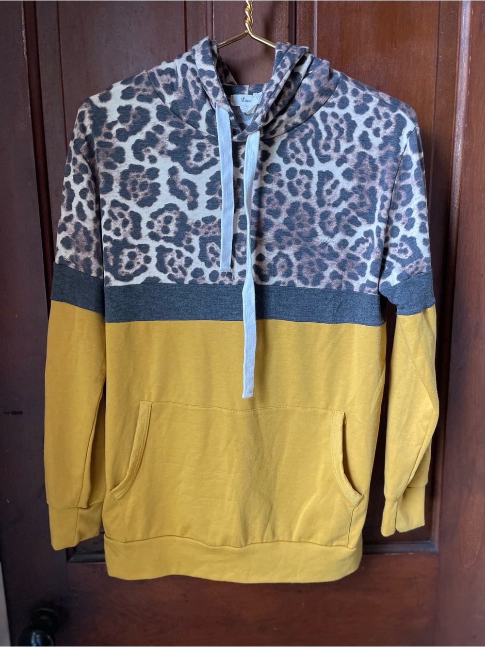 Lovely J women's small long sleeve hooded yellow / animal print top